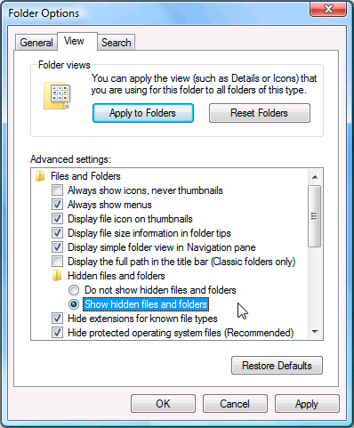 Folder Options dialogue in Windows.