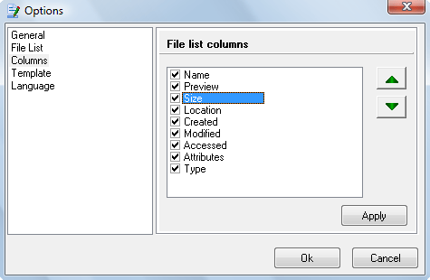 Columns Options.