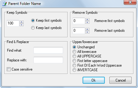 This dialog allows you to manage parent folder name options.
