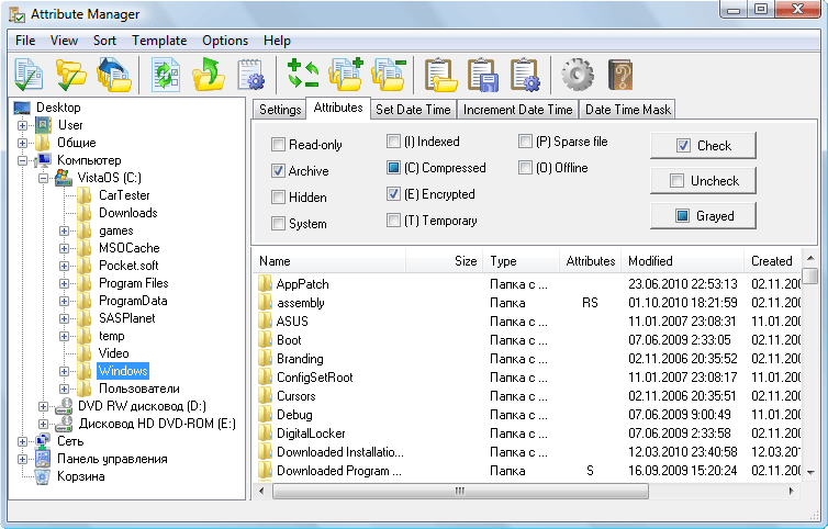 Flexible changing of files attributes, date and time stamps.