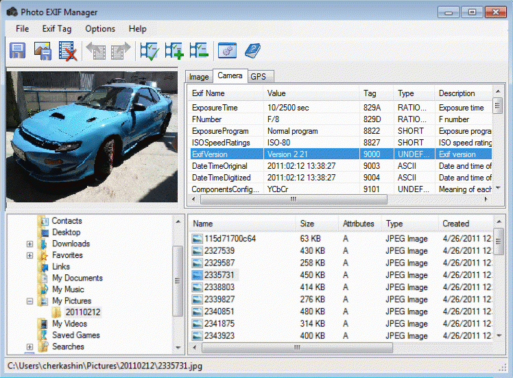 Photo EXIF Manager lets you view and edit all well-known digital photo EXIF tags. The interface is well laid out; it contains file navigation similar to the familiar Windows explorer, easy tag editing, and image preview.