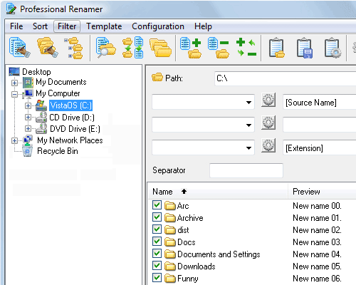Main window of the Professional Renamer.